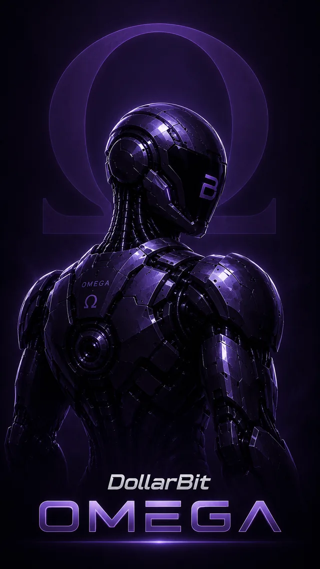 DollarBit Omega — robô roxo escuro com símbolo Ω