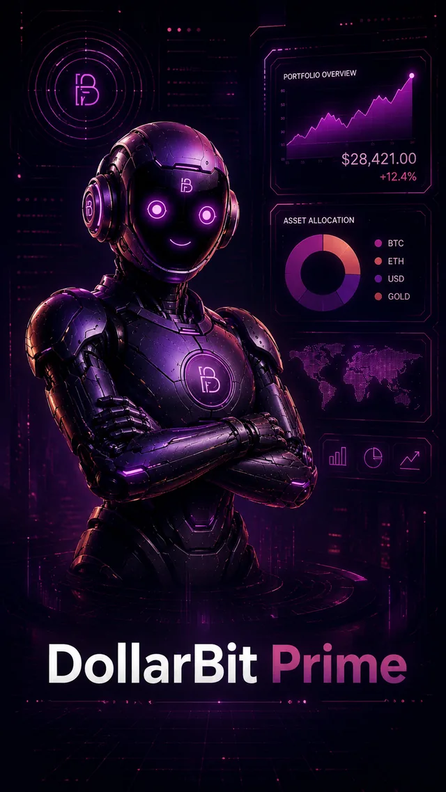 DollarBit Prime — robô magenta com dashboard e mapa mundi